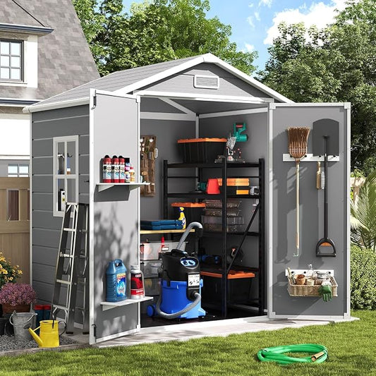 UDPATIO Tuinhuisje, weerbestendig, 183 x 137 x 210 cm, 3,9 m³, kunsthars buitenschuur en buitenopslag voor bak, grasmaaier met afsluitbare deur voor gazon, terras, grijs en wit