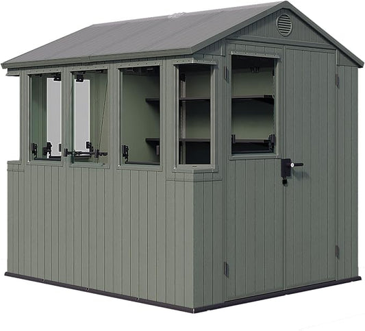 Keter Darwin Tuinkas - 244x221x190cm - Groen | Hybride dak voor licht en schaduw | 5 openslaande ramen + 2 vast | Inclusief 2 planken van 160 cm | Evotech+TM Houtlook Hars | Afsluitbaar